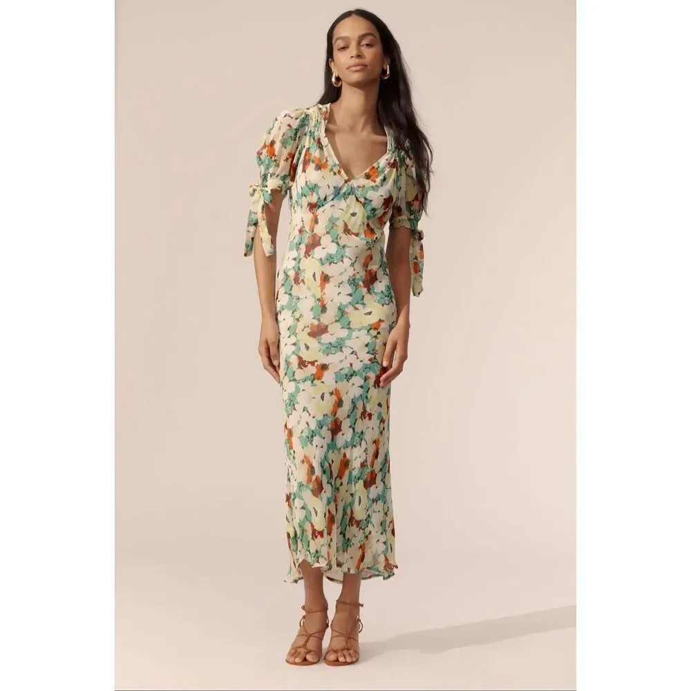By Anthropologie Short-Sleeve V-Neck Slip Midi Dress-NWT
